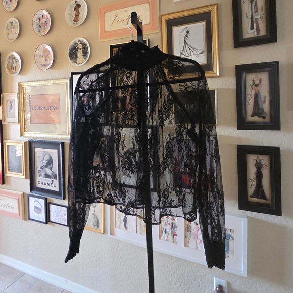 Vintage Black Lace Mock Neck Long Sleeve Top Gothic Victorian - Picture 2 of 5